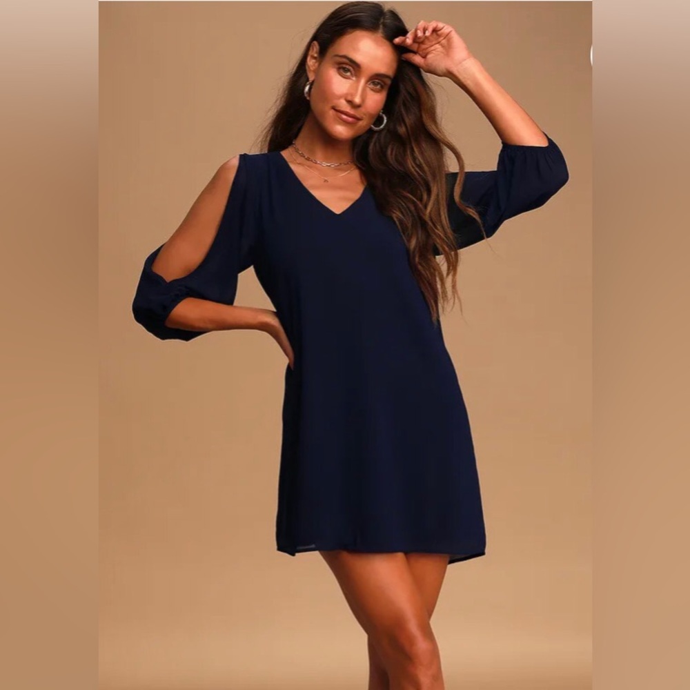 Lulus Shifting Dears Navy Blue Long Sleeve Dress